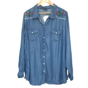 Torrid long sleeve chambray denim floral embroidered snap front shirt size